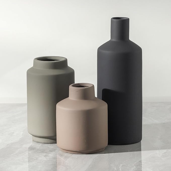 Ceramic Vase Set of 3, Modern Decorative Vases for Home Decor, Small Flower Pottery Vase Sets, Boho Farmhouse Rustic Vases for Living Room, Kitchen, Bedroom, Bathroom, Shelf, Table
