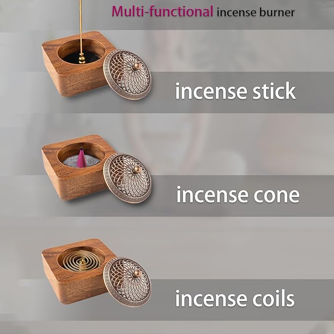 Acacia Wood Incense Burner for Cones & Coils, with Sticks Holder - 3-in-1, Zen Meditation Yoga Home Room Decor