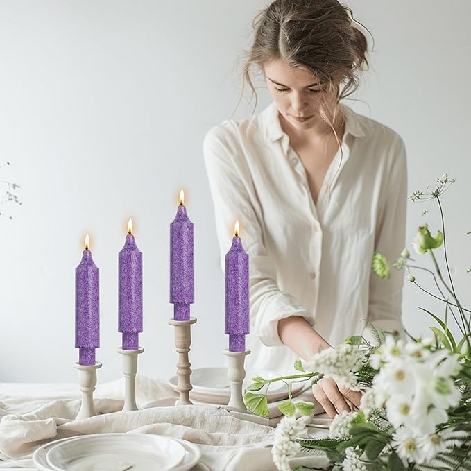 Purple Crystal Short Taper Candle Sticks Dripless Tapered Candles for for Holiday Wedding Party Wax Unscented Dinner 6 inch Set of 4