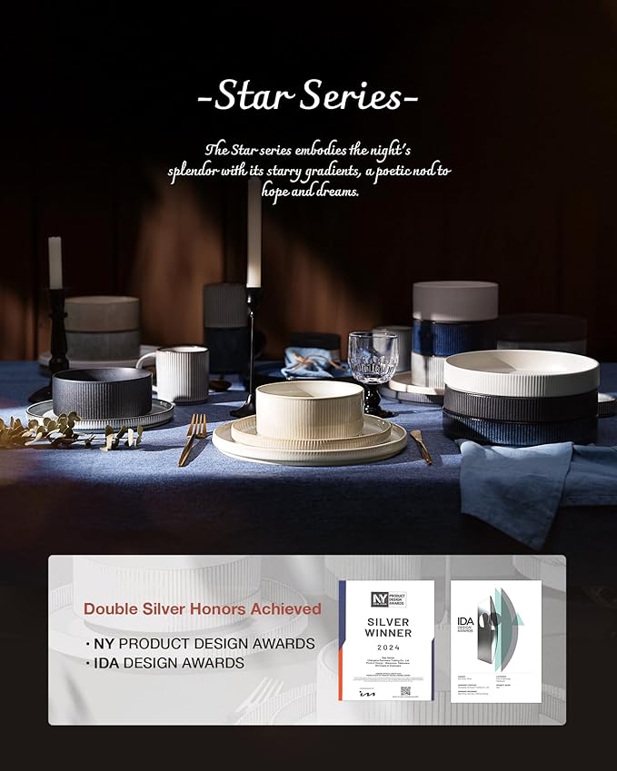 Famiware Star Dinnerware Set, Plates and Bowls Sets for 4 (12pcs), Ribbed Stoneware Dishes - Chip & Scratch Resistant, Microwave & Dishwasher Safe, Deep Forest