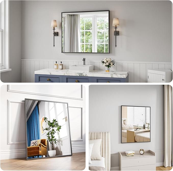 Koonmi Bathroom Mirror 30x36 Black Bathroom Wall-Mounted Mirrors, Modern Vanity Mirror for Bedroom, Living Room, Aluminum Alloy Frame Allow to Hang Horizontally or Vertically