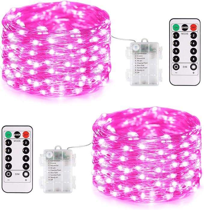 JMEXSUSS 2 Pack Pink Fairy Lights Battery Operated, Total 200 LED 66ft Valentine Twinkle String Lights with Remote, 8 Modes Pink Lights for Valentine's Day Bedroom Anniversary Indoor Outdoor Decor