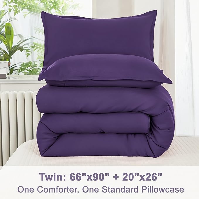 Litanika Purple Comforter Set Twin/Twin XL Size, 2 Pieces Lightweight Solid Bedding Comforter Set, All Season Fluffy Bed Set (66x90In Comforter & 1 Pillowcase)