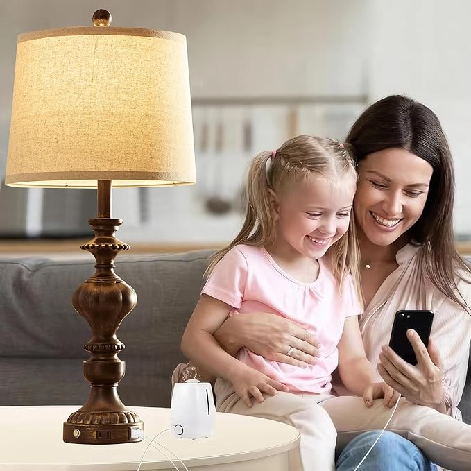 27.5" Farmhouse Table Lamps Set of 2 Bedside Nightstand Lamp with USB C+A Ports & AC Outlet, 3 Way Dimmable Touch Lamps for Bedroom Living Room Office Hallway Rustic Traditional Lamp (Copper)