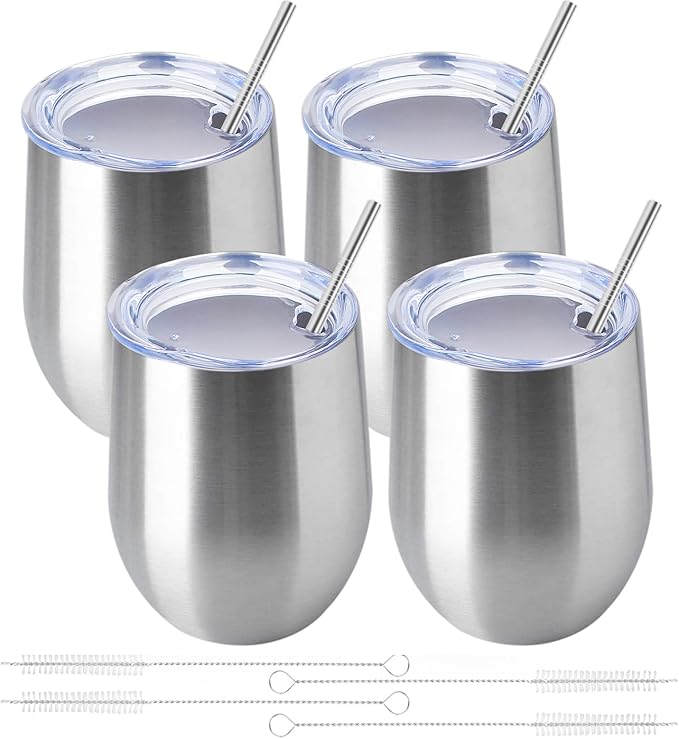 12oz/4 Pack Wine Tumbler Glasses with Lid Stemless Double Wall Vacuum Stainless Steel Travel Tumbler Keeping Cold & Hot for Wine,Coffee,Cocktails,Christmas Drinks-Family and Gifts(4 Pack-Sliver)