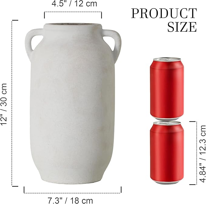 Large Flower Vase Home Decor - 12 inch Tall Ceramic Farmhouse White Rustic Table Vases with Handle Living Room Decoration Decorative Modern for Fireplace Kitchen