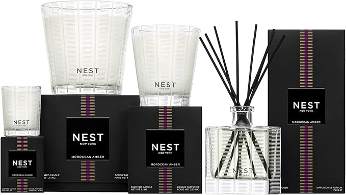 NEST New York Reed Diffuser, Moroccan Amber - 5.9 fl oz - Fragrance for Up to 90 Days - Reusable, Refillable Glass Holder - Includes 8 All-Natural Reed Sticks - Flame Free