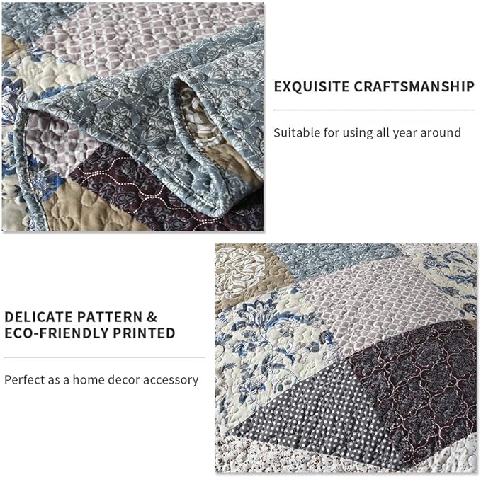 Travan 3-Piece Queen Quilt Set Quilted Bedspread Oversized Microfiber Lightweight Coverlet Set with Shams Reversible Printed Coverlet Bedding Set for All Season, Slate Blue, Queen Size