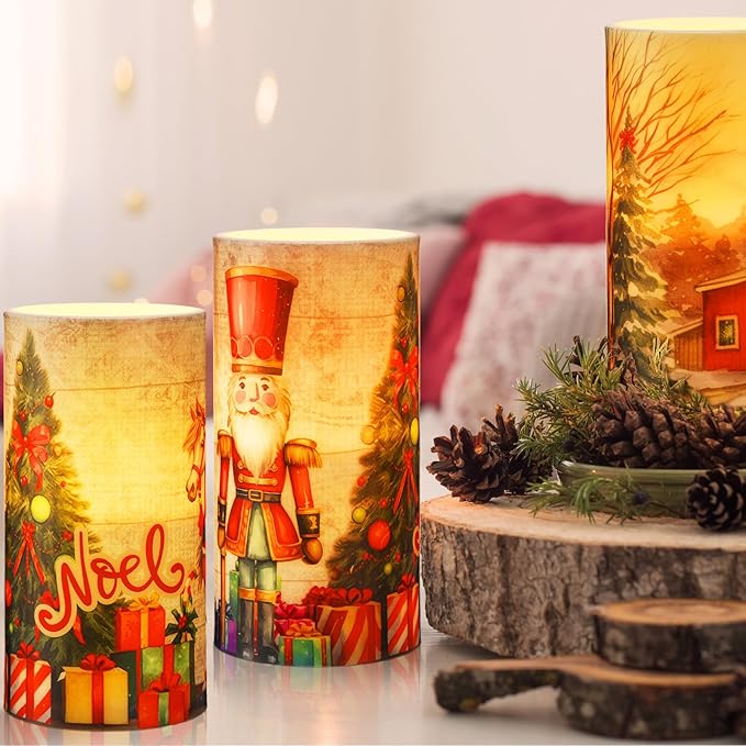 Retisee 3 Pcs Retro Rustic Christmas Flameless Candles with Remote Vintage Christmas Battery Operated LED Candle Retro Nostalgic Xmas Decor for Rustic Xmas Holiday Dining Table Bedroom Living Room