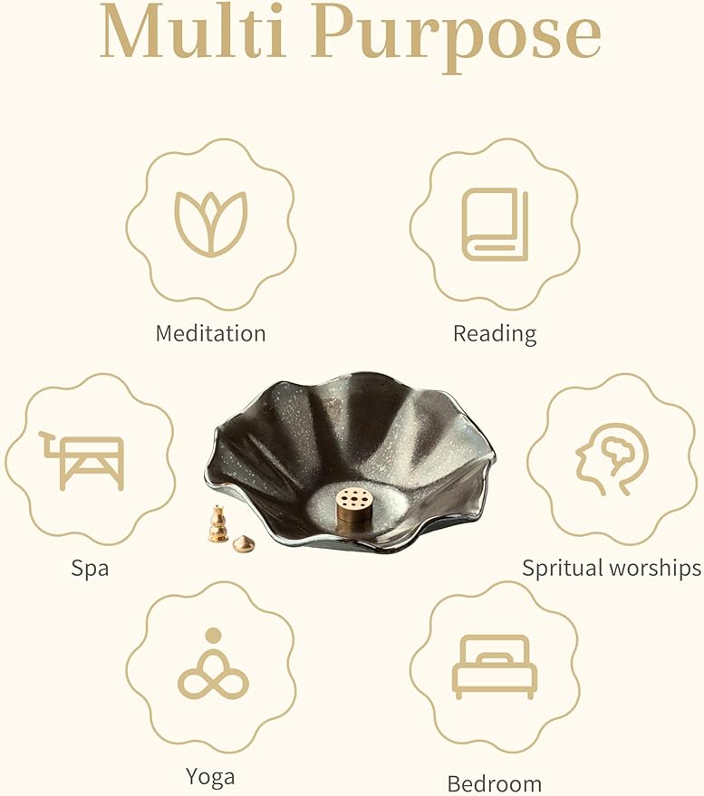 6 Inch Incense Holder with 3 Copper Incense Sockets Lotus Incense Holder for Sticks Modern Insence-Stick Holder for Meditation, Yoga, SPA, Home Decor, Black