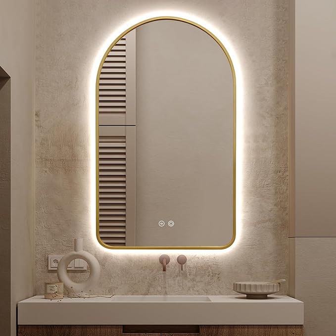 40"x24" Arched LED Bathroom Mirror, Wall Mounted Backlit Mirror with Lights Fog Free Lighted Framed Mirror Smart Anti-Fog 3 Color Temperatures Adjustable Brightness Gold