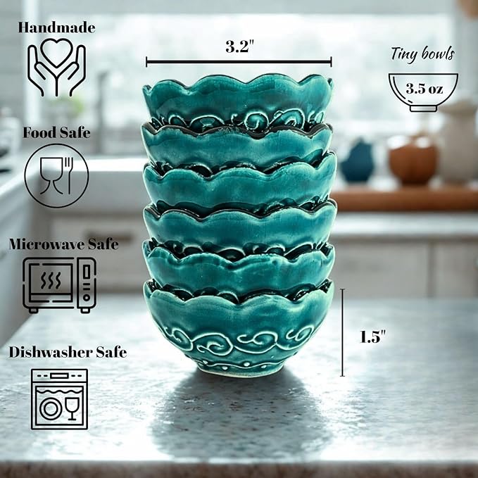 Handmade Decorative Turkish Ceramic Bowl Set of 6, Green Pinch Bowls for Dipping & Serving - Small Versatile and Unique Charcuterie Accessories, Mini Sauce Dish, Floral Pattern Snack Bowls