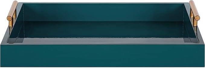 Kate and Laurel Lipton Mid Century Modern Decorative Wood Tray with Brushed Gold Metal Handles, Dark Teal