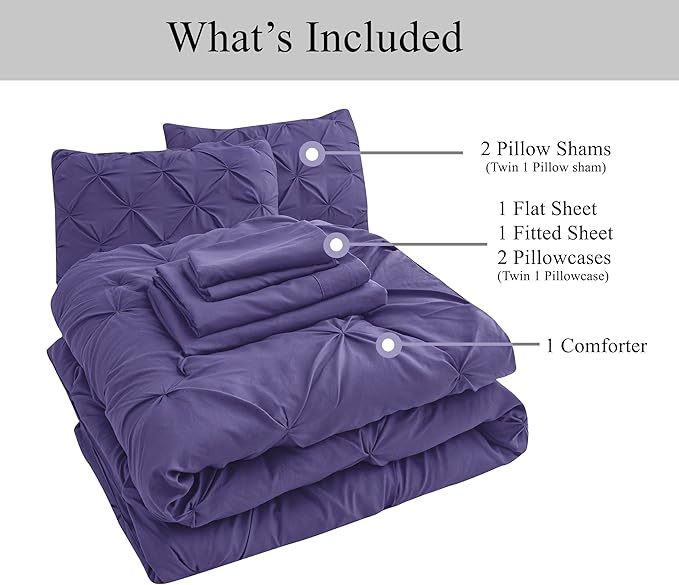 LANE LINEN Full Comforter Set – 7 Piece Bed in a Bag – Pinch Pleated Full Size Bedding Set with Comforter, Flat Sheet, Fitted Sheet, Pillowcase & Sham – Soft Pintuck Bed Set - Purple