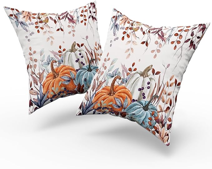 Giwawa Fall Pillow Covers Set of 2 16x16 Inch Orange Blue White Pumpkins Autumn Leaves Thanksgiving Cushion Covers Farmhouse Decorative Square Double Sided Throw Pillowcases for Indoor Outdoor Holiday