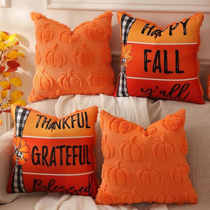 TOYPOPOR Fall Decorations, 2 Packs Double Sided Throw Pillow Covers, Orange Soft Faux Fur Pumpkin Pillow Cases Autumn Harvest Thanksgiving Indoor Outdoor Home Decor for Living Room Porch Couch 20x20