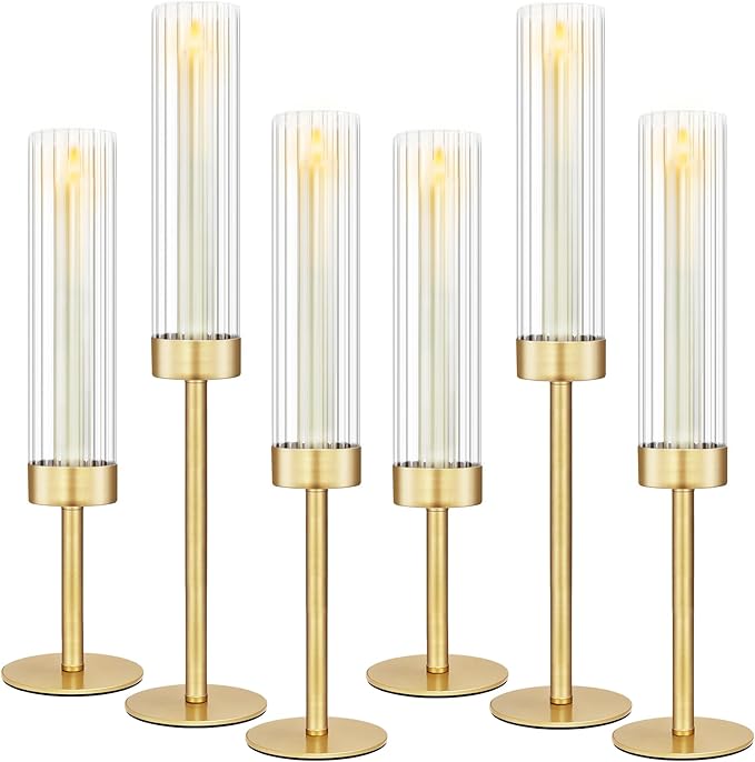 Glass Hurricane Candlestick Holders Gold, KSWING Set of 6 Taper Candle Holders Brass Tall Clear Candle Stand Holders, Perfect for Table Centerpiece Party Wedding Christmas Home Decor