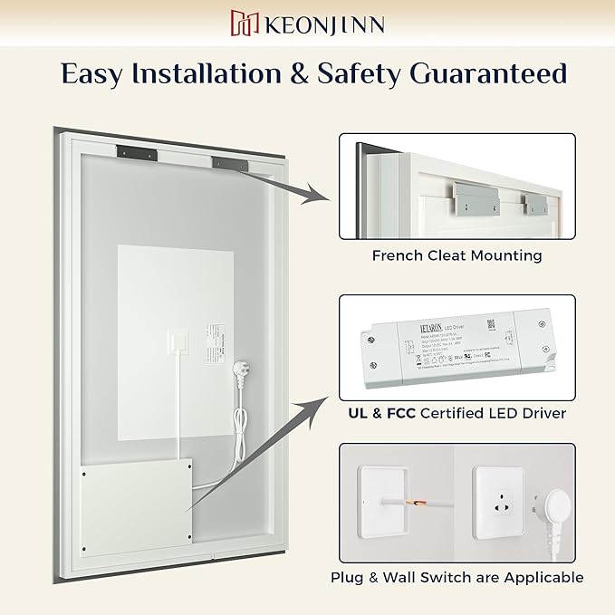 Keonjinn Backlit Mirror Bathroom 48” x 30”, Anti-Fog Mirror with Lights, CRI90+ HD Tempered Glass, Waterproof, UL Listed, Stepless Dimmable LED Mirrors for Bathroom, High Lumen, 6000K Bright