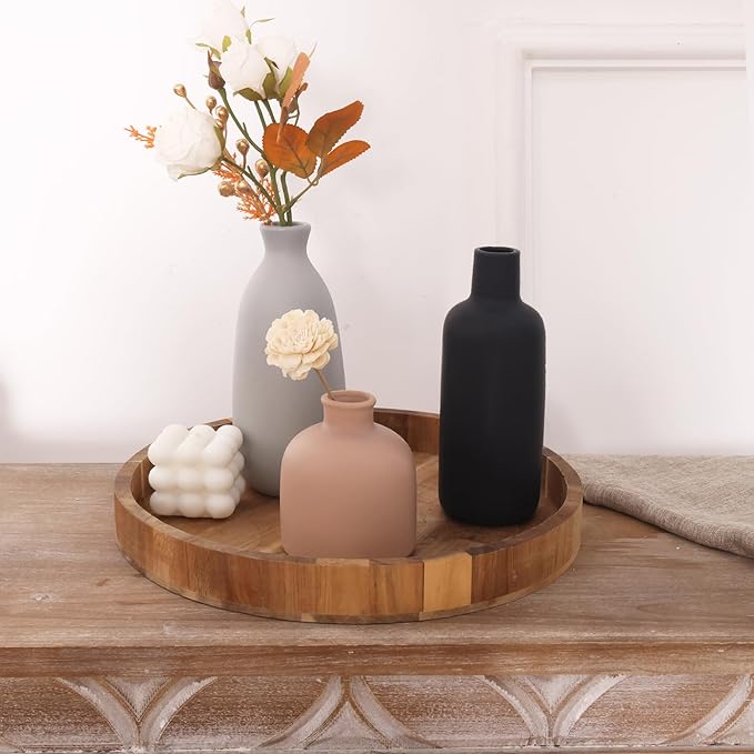 CUCUMI Ceramic Vase Set of 5, Home Decor Farmhouse Décor Handmade Pottery Vases for Pampas Grass, Dried Fresh Flowers, Table, Living Room, Kitchen, Shelf, Entryway Mantel Neutral Tones