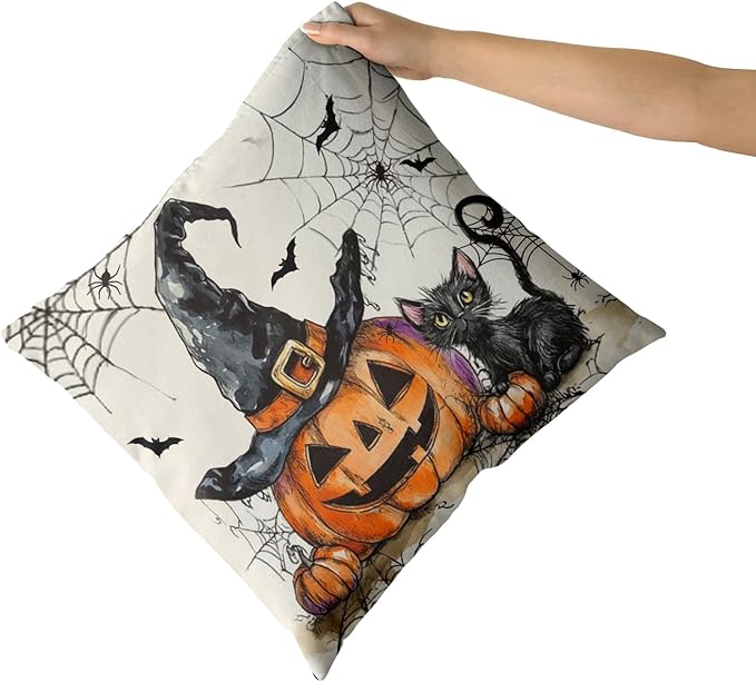 Giwawa Halloween Pillow Covers Set of 2- Rustic Spooky Pumpkin Black Cat Cotton Double Sided Throw Pillow Cases- Gothic Spider Web Bats Soft Cushion Cover 18"x18" for Sofa Porch Holiday Decor