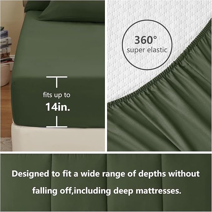CozyLux Full Size Comforter Sets Olive Green, 7 Pieces Bed in a Bag, Green Comforter Full Size, All Season Bedding Sets with Stitch Quilted Comforter, Flat Sheet, Fitted Sheet, Pillowcases
