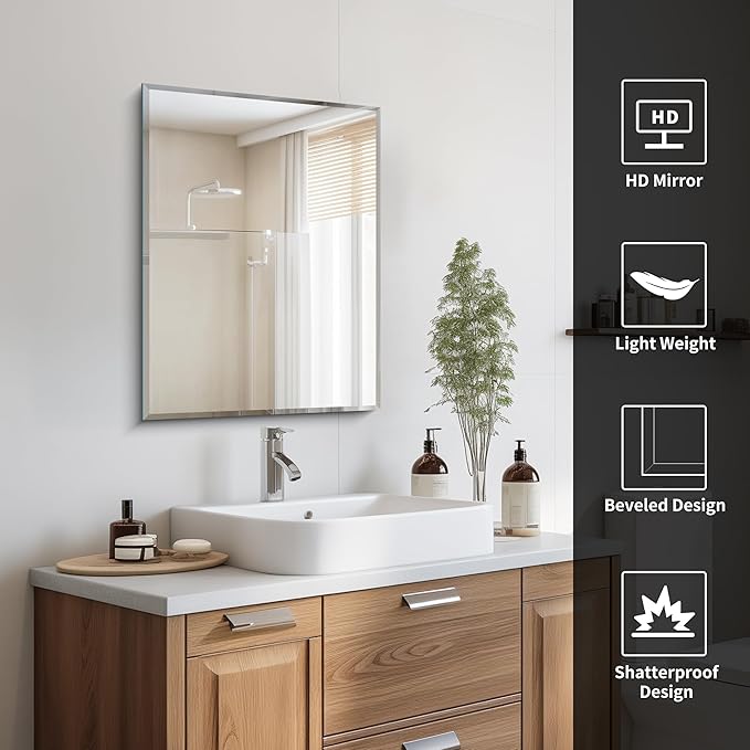 18x24 Beveled Mirror, Frameless Beveled Bathroom Mirrors for Wall, Upgraded Shatterproof Rectangle Vanity Mirror with Beveled Edge for Bathroom, Bedroom, Living Room and Entryway