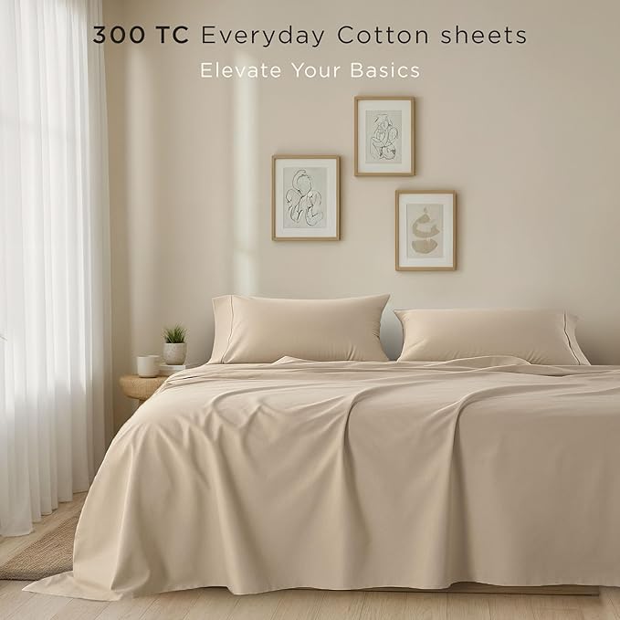 Threadmill Cotton Full Size Sheet Set| 100% Cotton Sheets for Full Size Bed | Solid Sateen Full Bed Sheets Set with 16” Elasticized Deep Pocket | Soft Breathable 4-Piece Cooling Sheet Set | Beige