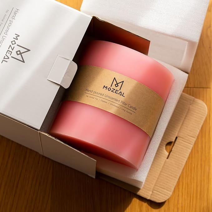 MOZEAL Extra Large 3 Wick Pink Pillar Candle, 6" x 6", Unscented, Dripless, Smokeless, and Clean-Burning. Approx. 120 Hours of Burn Time. Perfect for Weddings, Dinners, Christmas and Home Decor