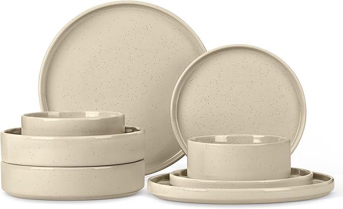 Herogo 8 Piece Dinnerware Sets with Double Bowls, Ceramic Dinner Dishware for 2, Stoneware Plate and Bowls Set for Kitchen Dining, Microwave & Dishwasher Safe, Speckled Khaki