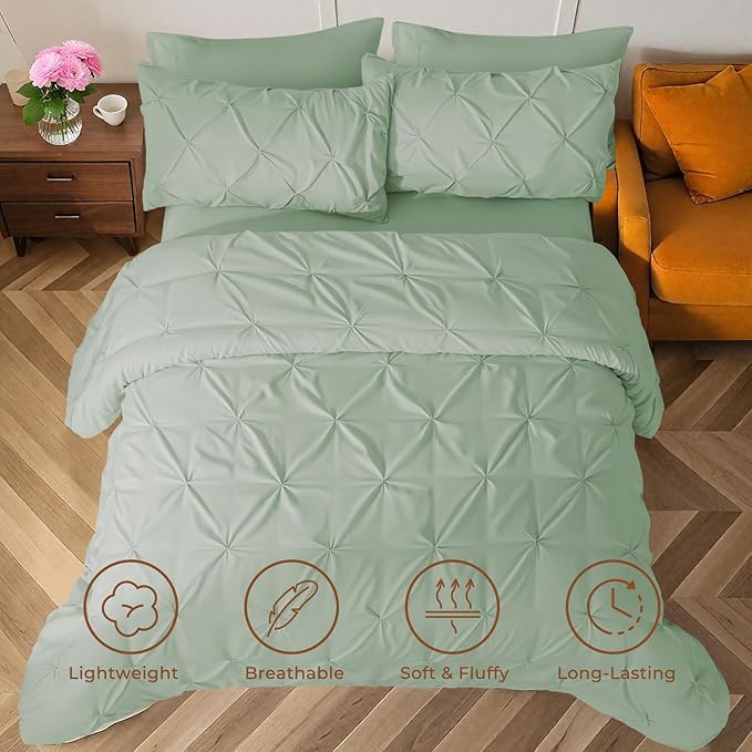 Sasttie King Size Comforter Set, 7-Piece Bed in a Bag, Pintuck Bedding Sets for All Season, Includes Comforter, Flat Sheet, Fitted Sheet, Pillowcases and Pillowshams, Sage