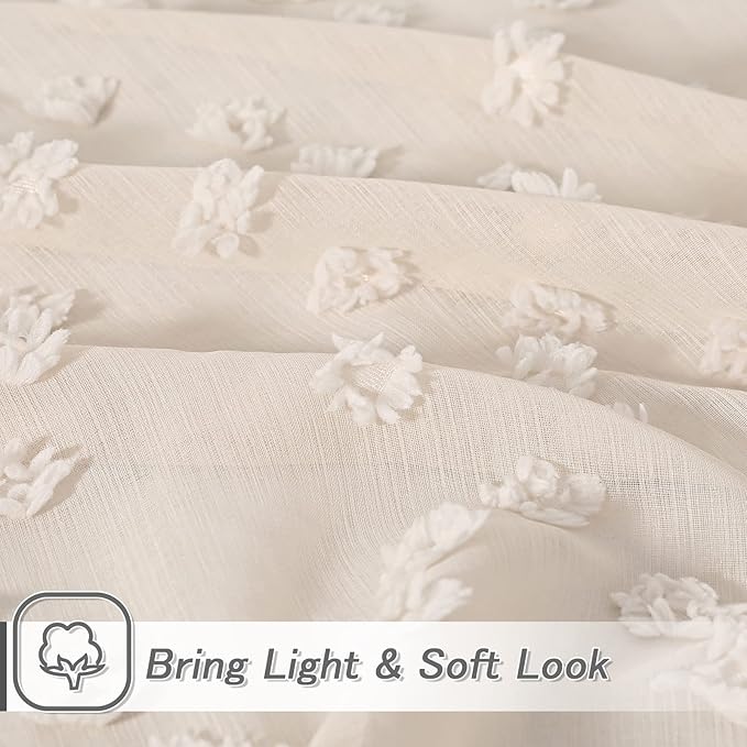 MYSKY HOME Beige Sheer Short Curtains with Pom Pom for Small Windows Bedroom Nursery Kids Girls Room Curtains Cafe Kitchen Light Filtering Boho Drapes, Rod Pocket,52 x 45 Inches, 2 Panels