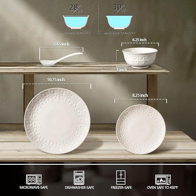 Plates and Bowls Sets - 16 Pieces Ceramic Dinnerware Sets for 4, Embossed White Dish Set Porcelain Kitchen Dishware Sets Dishwasher & Microwave Safe (Snowflake)