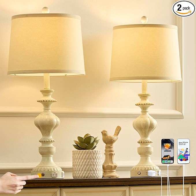 27.5" Farmhouse Table Lamps Set of 2 Bedside Nightstand Lamp with USB C+A Ports & AC Outlet, 3 Way Dimmable Touch Lamps for Bedroom Living Room Office Rustic Lamp (White Gold)