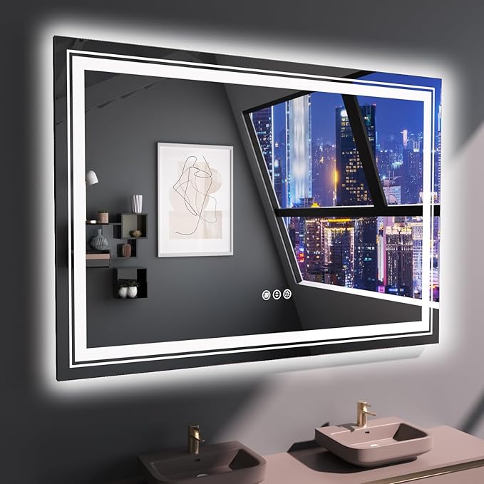 LED Bathroom Mirror, 48"X40" with Front and Backlit, Anti-Fog, Large Bathroom Vanity Mirror for Wall, Memory Function, Stepless Dimmable, Tempered Glass (Horizontal/Vertical)