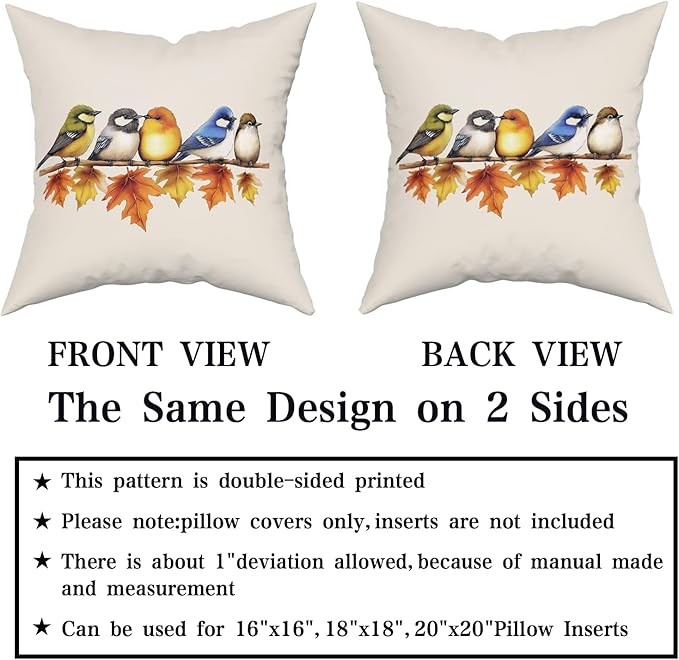 Giwawa Colorful Fall Birds Pillow Covers Pack of 2 16x16 Inch Autumn Thanksgiving Maple Leaf Branch Decorative Throw Pillow Cases Cotton Soft Cushion Covers for Sofa Couch Season Patio Car