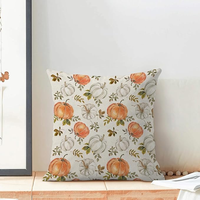 Fall Pillow Covers 18 x 18 Inch, Watercolor Burnt Orange Grey Pumpkin Leaf Decor Throw Pillows for Home Couch Bed, Autumn Harvest Thanksgiving Decorative Pillowcase Linen Cushion Cover Set of 2