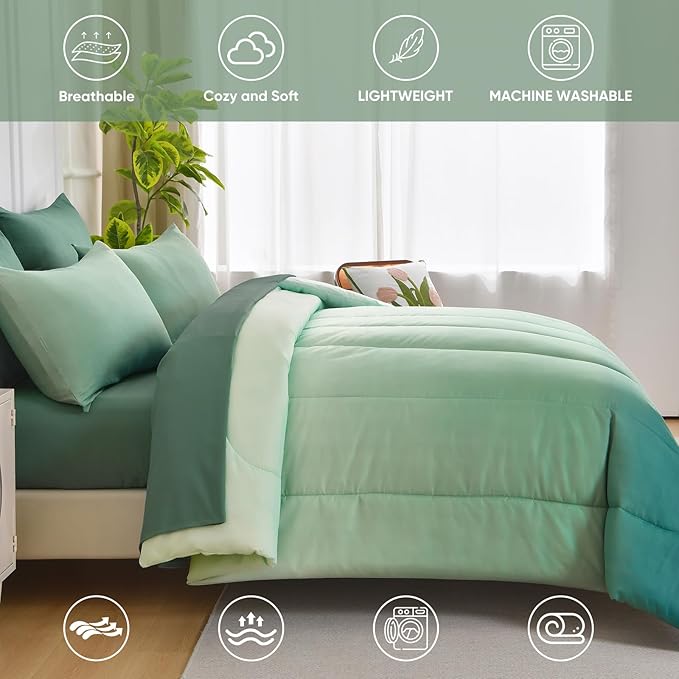 King Size Comforter Set - 7 Pieces Soft Sage Green Bed in a Bag with Fitted Sheet, Flat Sheet, 2 Pillow Shams, and 2 Pillowcases - Warm Bed Set for All Season