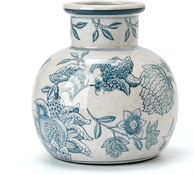 SIDUCAL Blue and White Vintage Vase | 6 Inch Ceramic Chinoiserie Floral | Retro Ice Cracked Blue and White Porcelain Vase for Table, Living Room, Bathroom Decoration, Wedding, Shelf Decor, Mantel