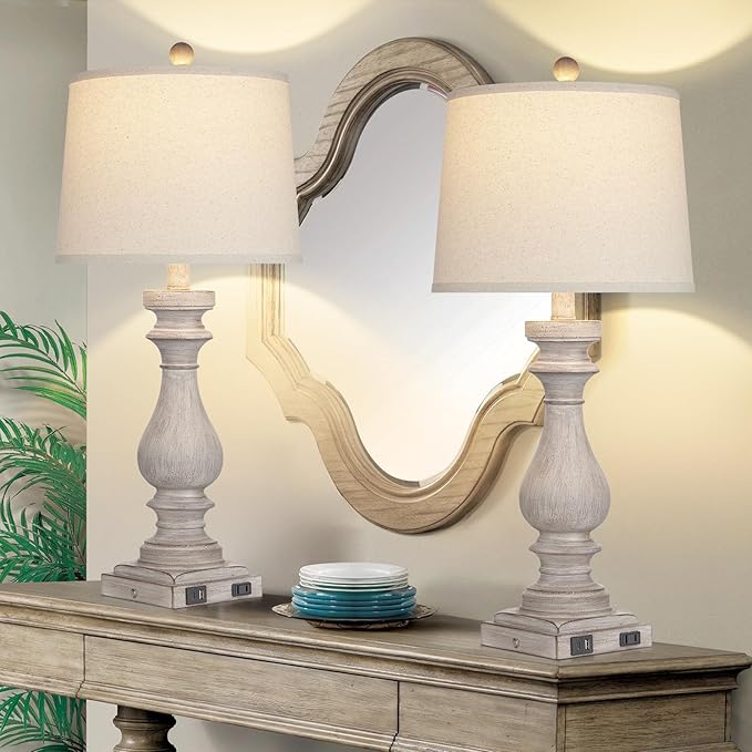 27.5" Farmhouse Table Lamp for Living Room Set of 2,Vintage Bedside Lamps with USB C+A Ports & AC Outlet,3-Way Dimmable Touch Control Gray Washed Finish Nightstand for Bedroom, Gray