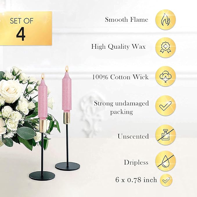 Pink Crystal Short Taper Candle Sticks Dripless Tapered Candles for for Holiday Wedding Party Wax Unscented Dinner 6 inch Set of 4