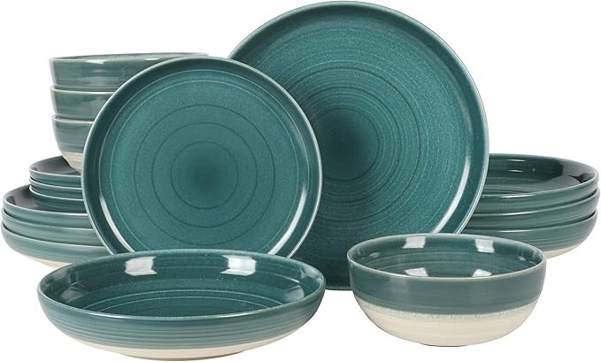 Gibson Elite Clarina 16 Piece Double Bowl Stoneware Reactive Glaze Round Plates and Bowls Dinnerware Set - Teal