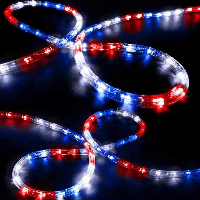 100ft LED Rope Lights Outdoor, 720 LED Connectable & Flexible Tube Lights with 8 Modes, Waterproof LED Rope Lighting for Independence Flag Day, Memorial Day, Outdoor,Indoor Decor (Red & White & Blue)