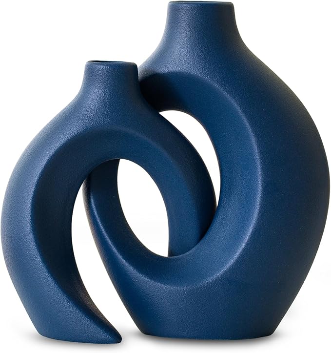 Levvohd Snuggle Hollow Ceramic Vase Set of 2, 8.4 inch Modern Nordic Coastal Shaped Pampas Grass Aesthetic Decorative Table Vases for Home Decor (Matte Navy Blue - M)