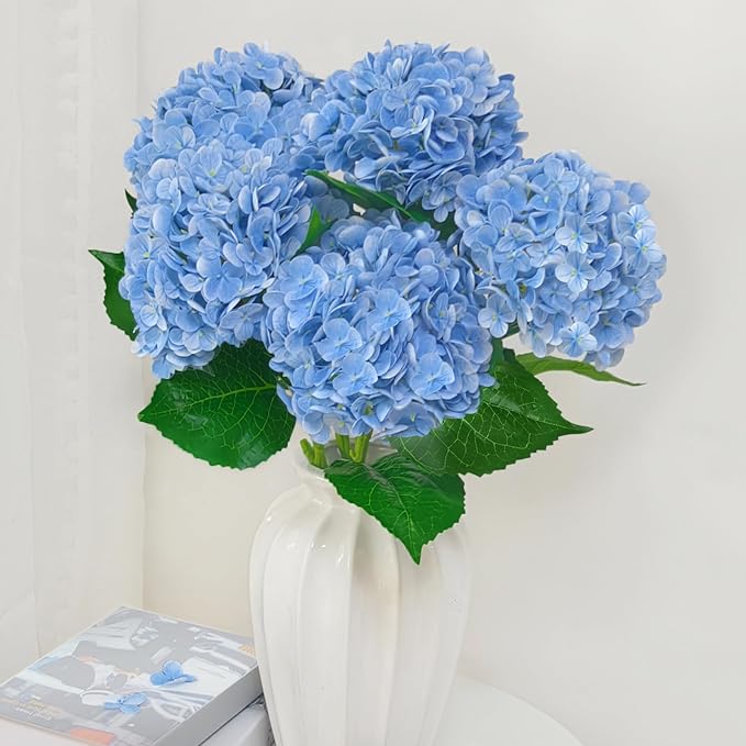 6 Pcs Real Touch Blue Hydrangea Artificial Flowers with Stems, Fake Silk Flowers for Outdoors, Artificial Flowers for Home Decor Wedding Bouquets Centerpieces Vase