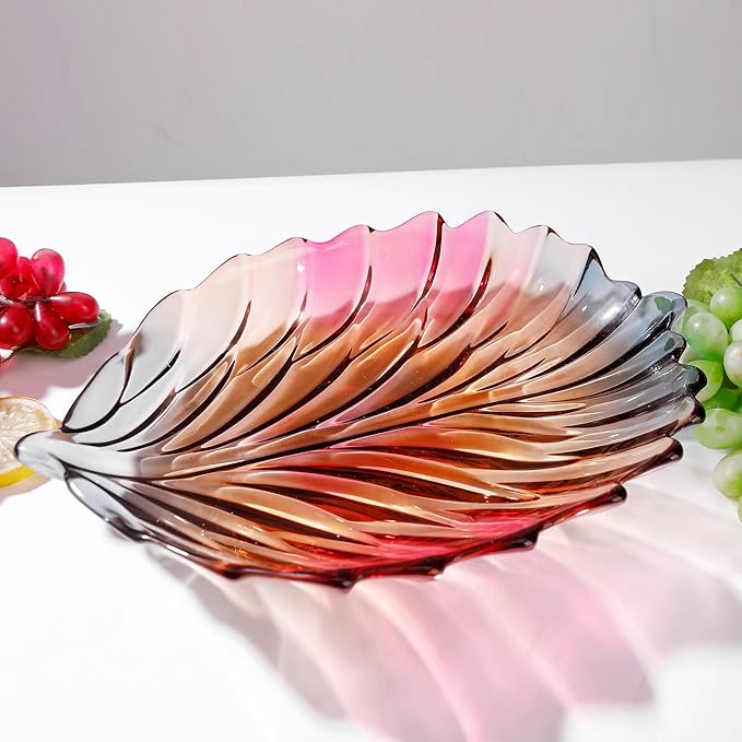 MAGCOLOR Creative Colorful Hand painted Crystal Glass Leaf-shaped Decorative Bowl -12.2 inch Diameter Fruit Display & Kitchen Table Centerpiece.