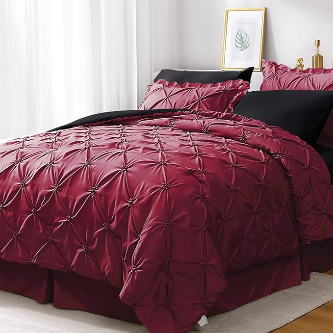 JOLLYVOGUE Burgundy Cal King Size Comforter Sets 7 Pieces, Pintuck Bed in a Bag Comforter Set for Bedroom, Bedding Comforter Sets with Comforter, Sheets,Ruffled Shams & Pillowcases