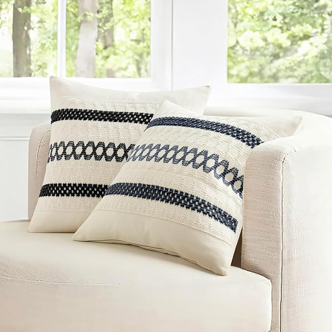 MIULEE Set of 2 Navy Blue Boho Decorative Lumbar Pillow Covers 12x20 Inch Farmhouse Rustic Couch Throw Pillows Modern Cotton Cushion Covers Retro Cute Macrame Woven Home Decor for Bed Sofa Chair