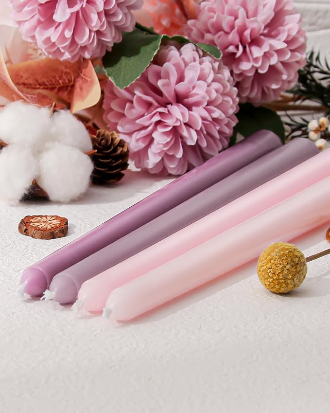Viyffo Taper Candles 10 Inch Pink with a Purple Hue Set of 4 Unscented, Dripless, Smokeless Long Tall Tapered Candlesticks Wedding Home Decor Dinner Natural Color Series