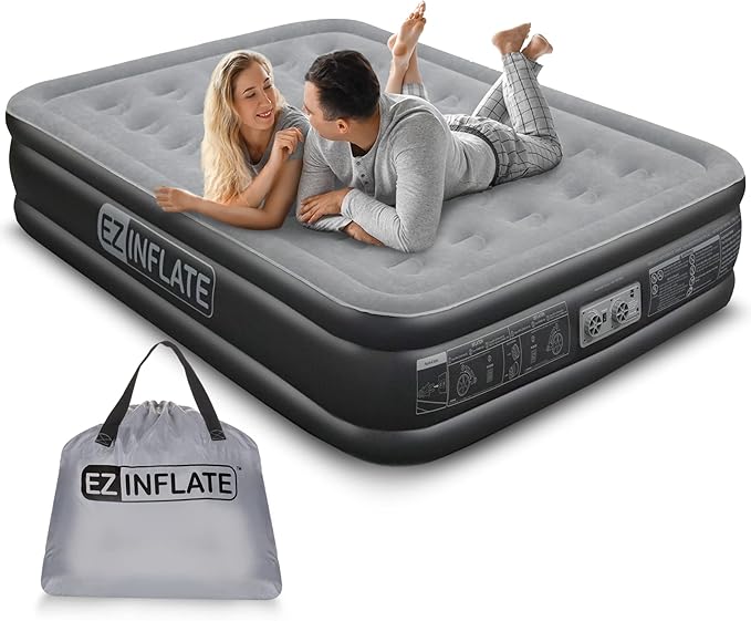 EZ INFLATE Air Mattress with Built in Pump - Queen Size Double-High Inflatable Mattress with Flocked Top - Easy Inflate, Water