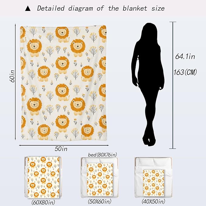 Cute Lion Blanket - Adorable Trees Fleece Throw,Gifts for Kids Girls Boys, Soft & Warm,Lightweight, for Modern Rustic Whimsical Decor, Animal Lovers, and Room Home Accents 60x80in